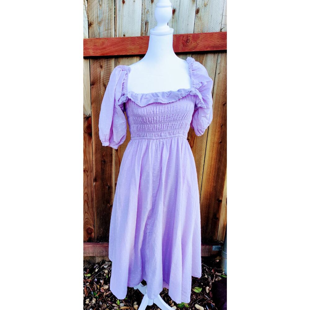 Lavender Swiss Dot Puff‎ Sleeve Midi Dress Smocked Milkmaid Romantic Cottagecore